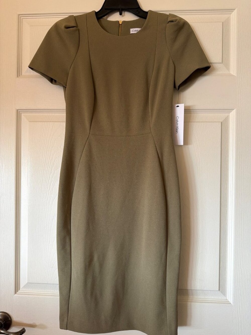 Calvin Klein Womens Olive Green Sheath Dress With Short Sleeves & Gold Back Zipp